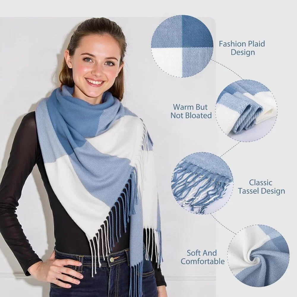 Women's blue White Lattice Scarf Fashion Long Plaid Shawls Wraps Big Grid Winter